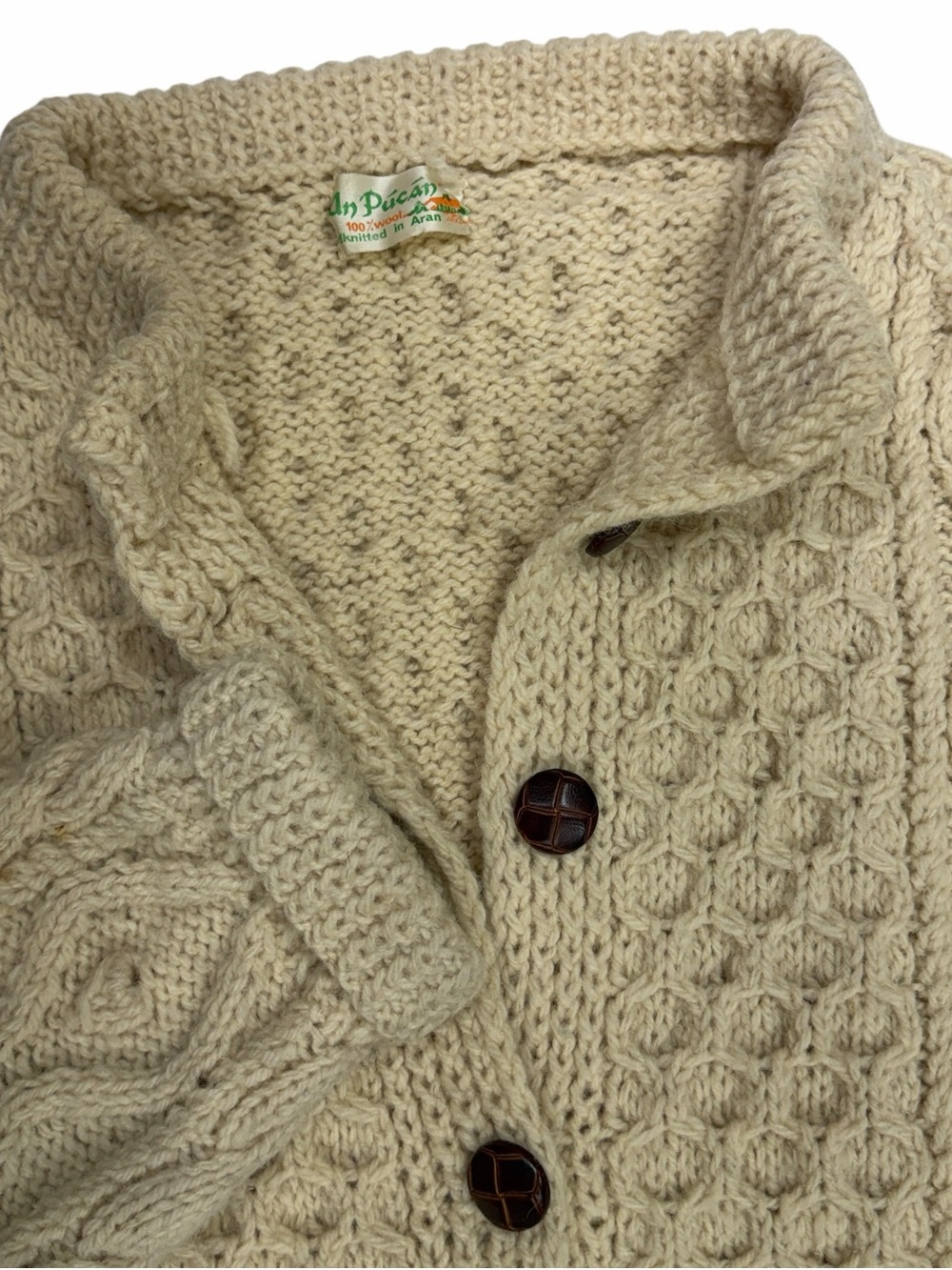 An Pucan Sweater Men Large Oatmeal Handknit Cardigan Aran Fisherman Wool Ireland